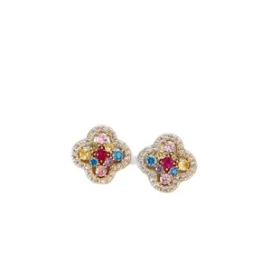 Luxurious multi-color crystal flower stud earrings with white zircon outline for women