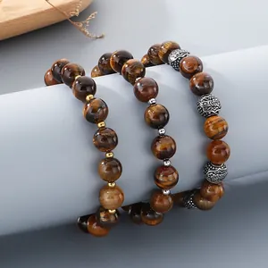 Vintage Tiger Eye Stone Beaded Bracelet For Men Women Stainless Steel Round Bead Extension Chain Adjustable Healing Natural Stone Bracelet Jewelry