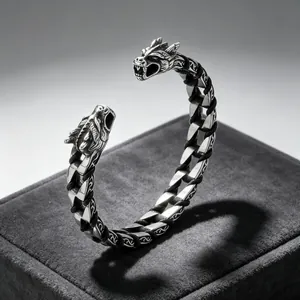 Vintage Punk Stainless Steel Braided Leather Bracelet Men Dragon Wolf Skull Open Adjustable Cuff Bangle Gothic Jewelry