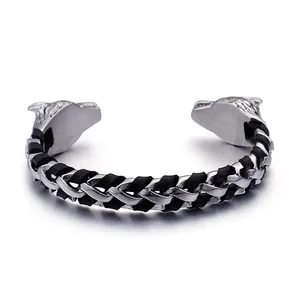 Men's stainless steel open bracelet with braided leather and animal head ends
