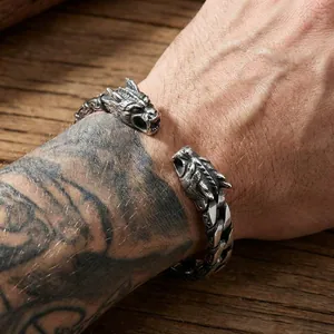 Men's titanium steel double dragon head open cuff bracelet with vintage silver finish