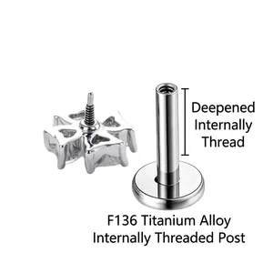 Orecchino a perno in titanio F136 con filettatura interna e design a quadrifoglio in zircone