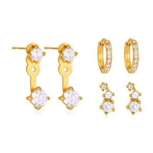 Set of three 18k gold plated stainless steel earrings with sparkling cubic zirconia