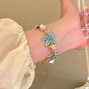 Ocean Vacation Starfish Artificial Pearl Bracelet For Women Gold Plated Enamel Charm Bracelet Summer Beach Jewelry Gift