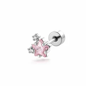Pink star zircon cartilage stud earring made of silver titanium with screw back design