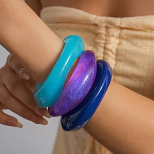 Modern Resin Bangle Bracelet For Women Geometric Oval Concave Hand Cuff Marble Pattern Ink Wash Design Fashion Jewelry