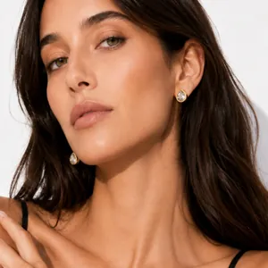 Détail de boucles d'oreilles gouttes dorées 18 carats avec zircon portées par un mannequin