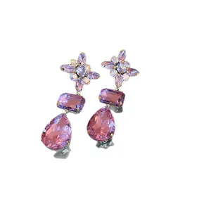 Vintage purple crystal flower drop earrings with elegant pear-shaped stone dangles