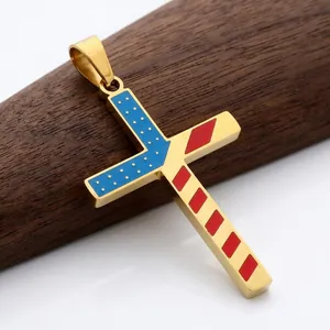 Hip hop gold plated stainless steel American flag cross pendant for men's fashion jewelry