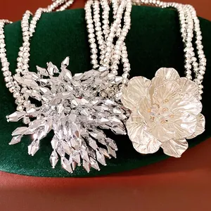 Luxury multi-layered silver beaded necklace with crystal and metal flower accents