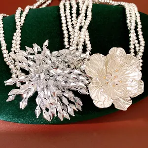 Close-up of multi-layer beaded necklace with crystal and metallic flower pendants