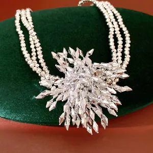 Close-up macro shot of a sparkling multi-layer beaded statement necklace with flower motif