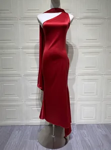 Elegant red satin one-shoulder backless evening maxi dress with a glossy finish