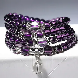 Multi Layer Wrap Beaded Bracelet Glass Crystal Beads Silver Alloy Spacers Flower Pendant Retro Buddhist Style Ethnic Jewelry