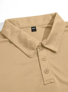Close-up of khaki mens mesh polo shirt featuring a classic collar and three buttons