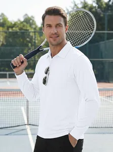 Men's white long-sleeve quick-dry polo shirt shown in an outdoor tennis court setting.