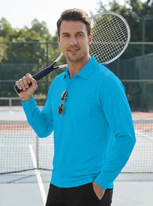Athletic men's blue long-sleeved quick-dry polo shirt shown in an outdoor tennis court
