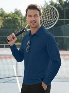 A professional detail view of a man in a navy blue quick-dry long-sleeved polo shirt outdoors
