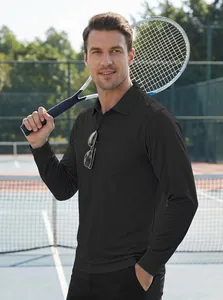Close-up detail of a men's black quick-dry long sleeve polo shirt on an outdoor tennis court.