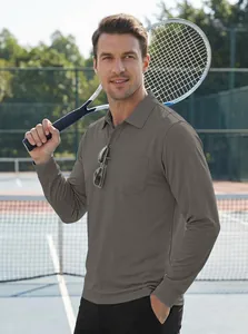 Professional male model wearing a grey long-sleeve quick-dry polo shirt on a tennis court.
