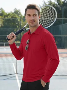 Red long-sleeved quick-dry polo shirt for men featuring a chest pocket and breathable fabric.