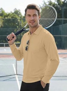 Men's khaki long-sleeved quick-dry Polo shirt in an outdoor tennis setting.