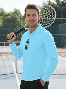 Detailed view of light blue long-sleeve quick-dry polo shirt worn on tennis court