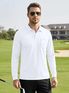 Detailed view of a man in a white long-sleeved quick-dry polo shirt on a golf course
