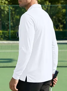 Back view detail of white long-sleeved quick-dry polo shirt with bird-eye texture