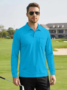Men's tactical quick-dry long-sleeve polo shirt in bright blue for outdoor golf.