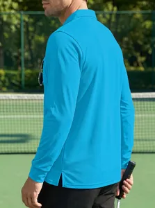 Men's blue mesh sports polo shirt long sleeve shown in an outdoor tennis court setting
