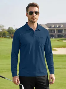 Male model wearing navy blue long-sleeve polo shirt with pocket on a golf course