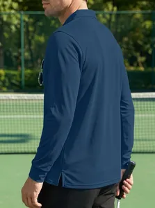 Side back view of a men's navy blue quick-dry long-sleeved polo shirt on a tennis court