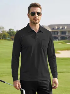 Men's black long-sleeve quick-dry tactical polo shirt with pocket for outdoor golf.