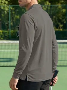 Men's long-sleeve quick-dry polo shirt in grey birdseye mesh fabric for outdoor sports.