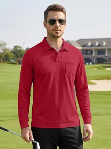 Detailed view of men's red long-sleeve quick-dry polo shirt with pocket at golf course