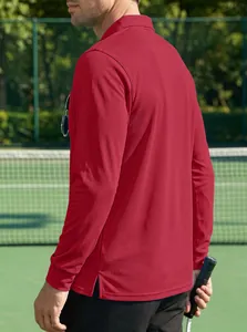 Men's red long-sleeve Polo shirt with breathable bird-eye mesh texture for outdoor sports