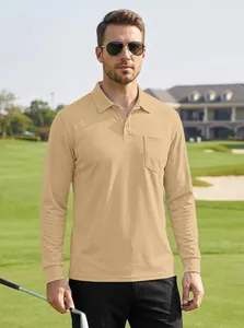 Professional male model wearing a khaki quick-dry long sleeve polo shirt outdoors