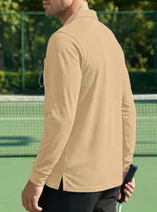 Back view of a khaki long-sleeve quick-dry polo shirt for men outdoors on a tennis court.