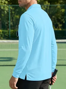 Back view of a light blue long-sleeved quick-dry Polo shirt for men on a tennis court