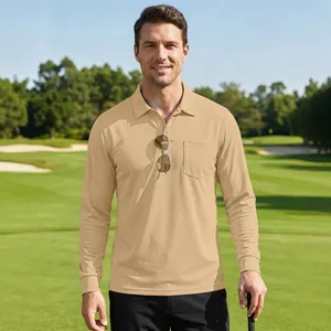Men's tan quick-dry long sleeve polo shirt with pocket for golf and outdoor activities