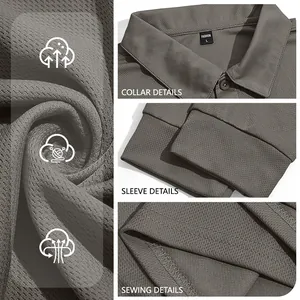 Grey long-sleeved mesh polo shirt with collar and stitching details for outdoor sports