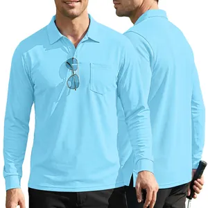 Men's light blue long-sleeved quick-dry polo shirt with pocket and bird's eye mesh fabric