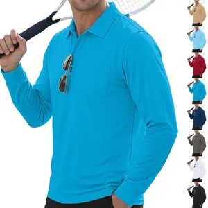 Close-up of men's long-sleeve mesh Polo shirt in vibrant blue with chest pocket detail