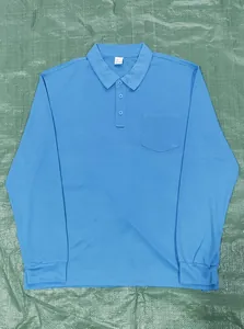 Light blue men's long-sleeve mesh polo shirt with classic collar and front chest pocket