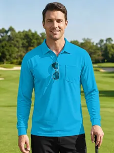 Detailed view of men's bright blue long-sleeve mesh polo shirt with chest pocket