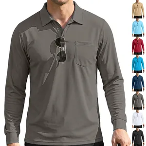 Men's Long Sleeve Polo Shirt Breathable Mesh Fabric Solid Color With Pocket Casual Loose Fit Tops For Men Polyester