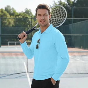 Premium men's light blue mesh long sleeve Polo shirt designed for casual outdoor sports