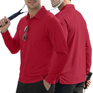 Men's red long-sleeve mesh Polo shirt with chest pocket for casual outdoor sports