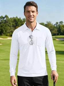 Ademend wit heren poloshirt met lange mouwen, borstzak en mesh-stof voor buiten